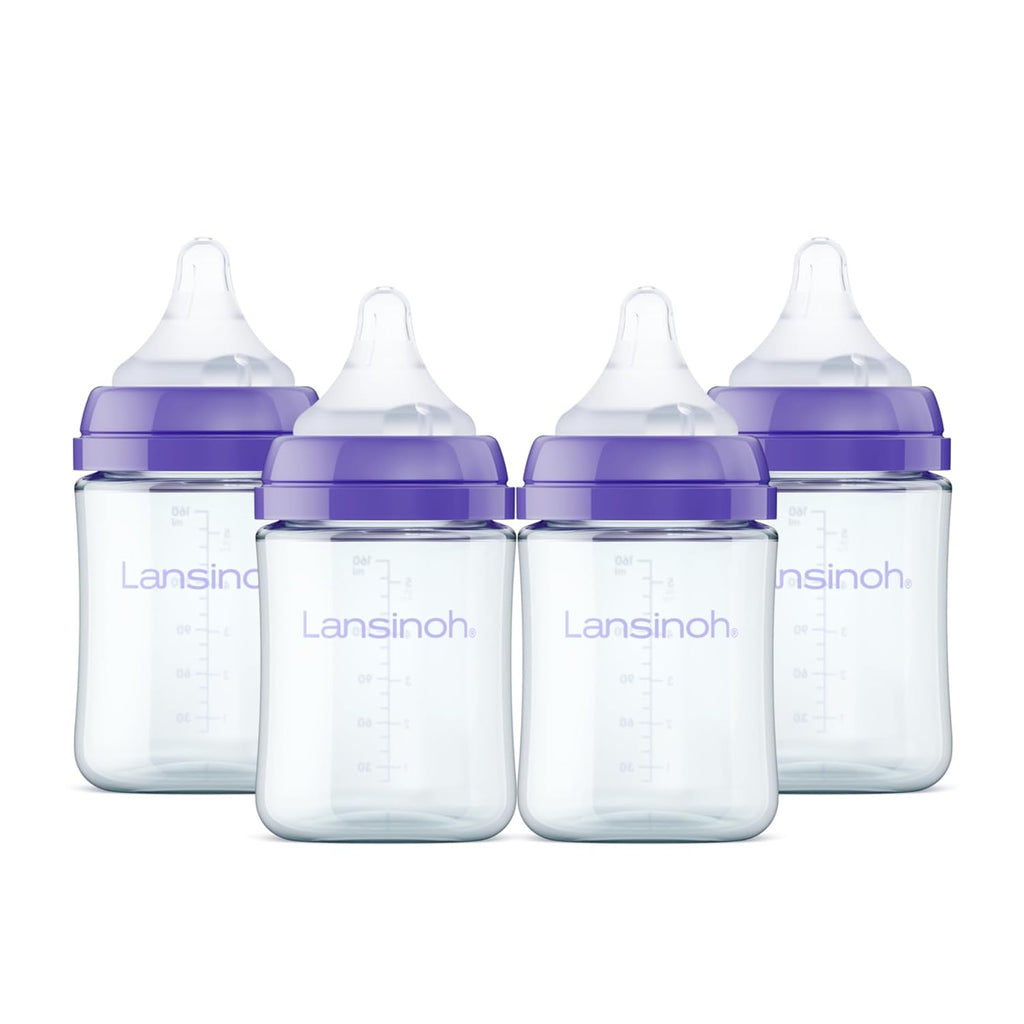 Lansinoh Anti-Colic Glass Baby Bottles, Purple Collar, 5 Ounces, 4 Count