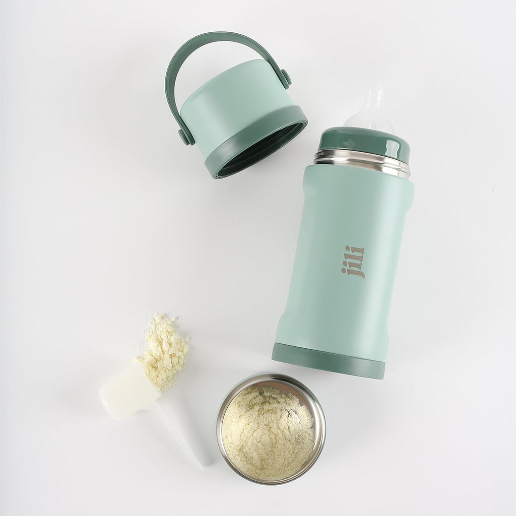 Jili All-in-One Baby Bottle, Insulated Stainless Steel Bottle with Formula Container, Anti-Colic Nipple, and Leak-Proof Lid, Baby Essentials for Travel, BPA and Phthalates-Free, Sage, 8 oz.