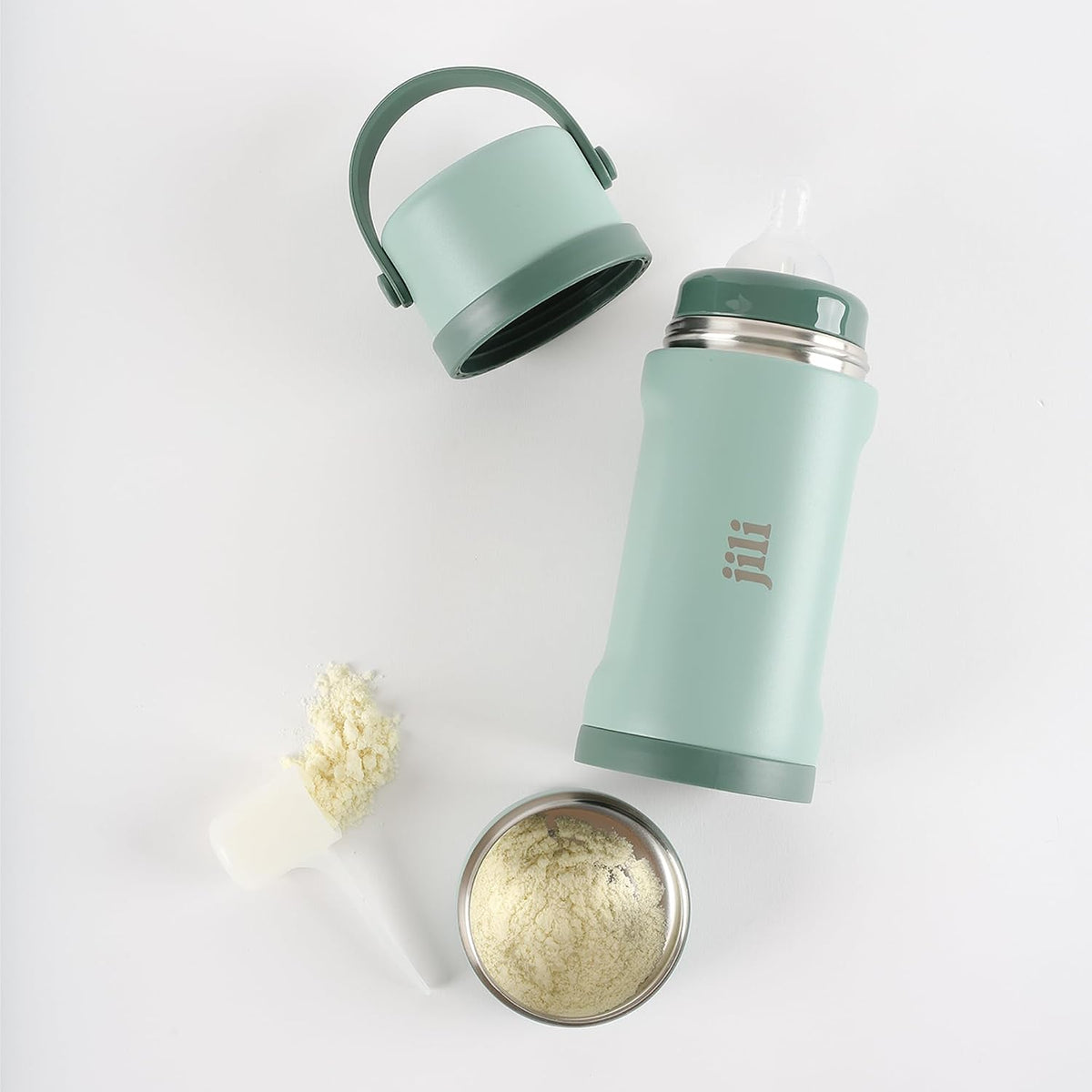 Jili All-in-One Baby Bottle, Insulated Stainless Steel Bottle with Formula Container, Anti-Colic Nipple, and Leak-Proof Lid, Baby Essentials for Travel, BPA and Phthalates-Free, Sage, 8 oz.