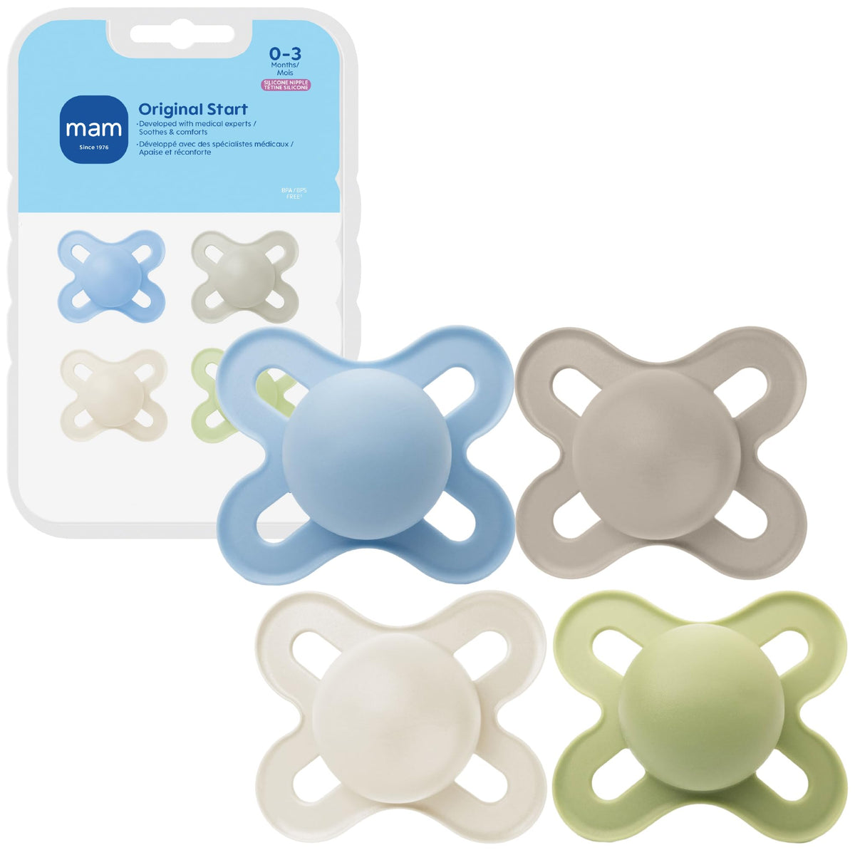 MAM Original Start Baby Pacifiers 0-3 Mths Skin Soft Silicone, 2 Pack