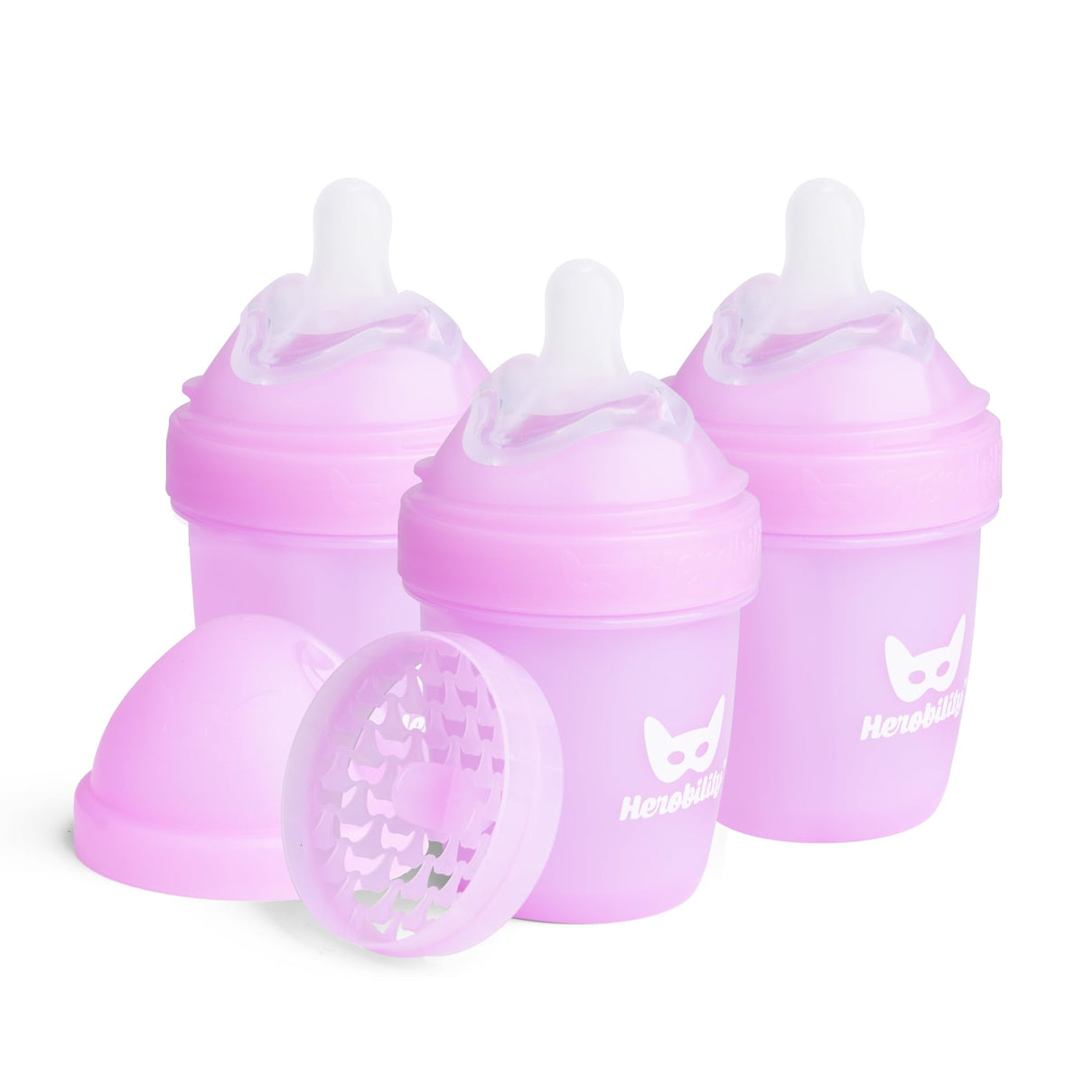 Herobility Anti-Colic Baby Bottles 8.5 fl oz/240ml - Pack of 4 Plastic Baby Bottles, Slow Flow Plastic Bottles, Breast-Shaped Teat for Breastfed Babies – Multicolor – White, Gray, Pink, Hawthorn Rose