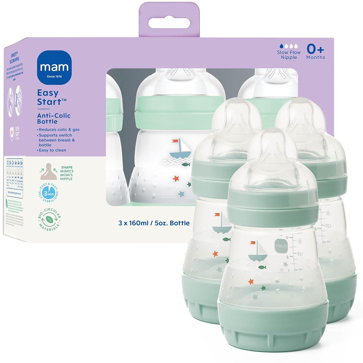 MAM 5oz Easy Start Anti-Colic+ Vented Baby Bottle, 0+ Mths, 4 Pk, Unisex