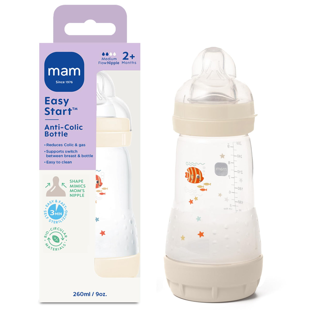 MAM 9oz Easy Start Anti-Colic+ Vented Baby Bottles, 2+ Months, 4 Pack, Girl