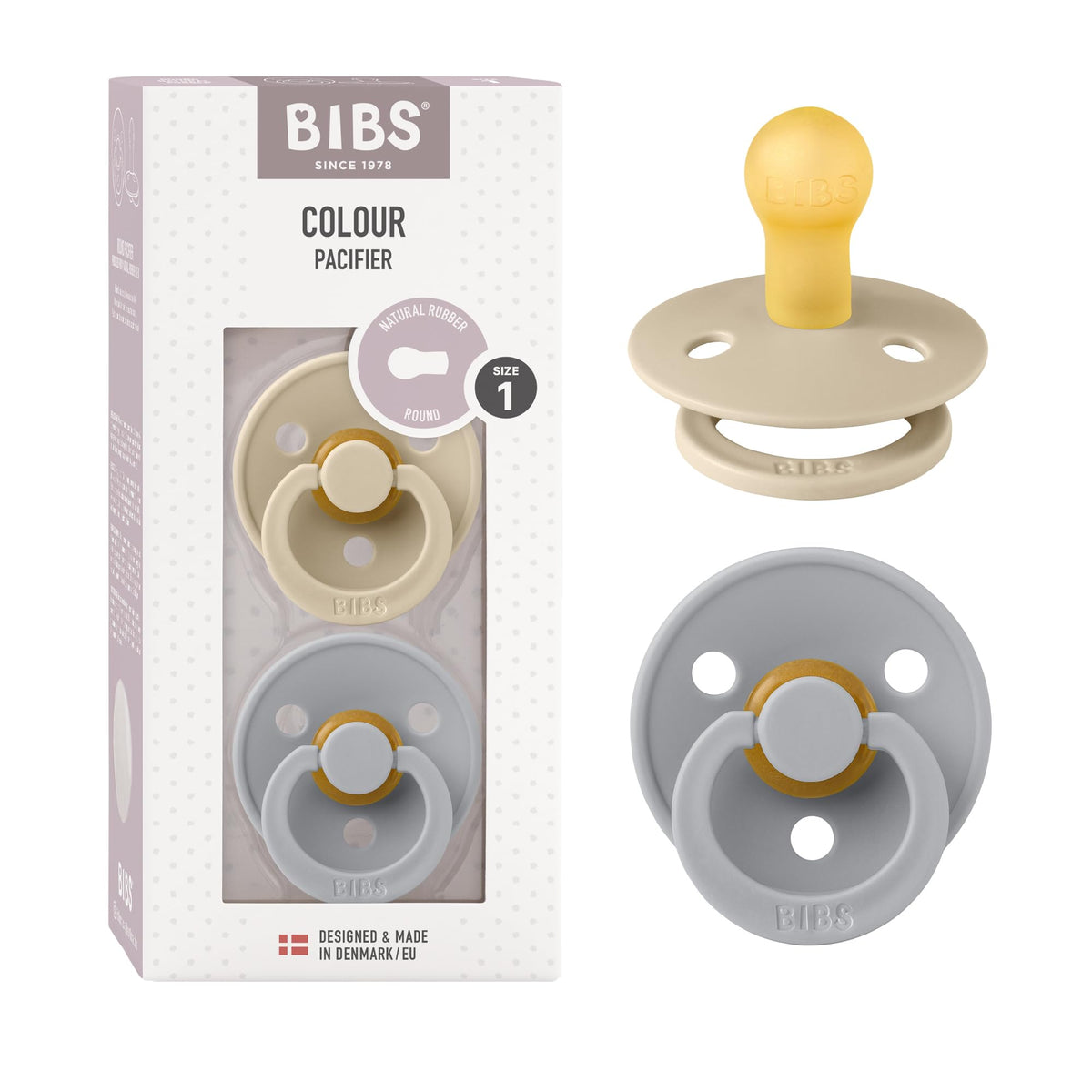 BIBS Pacifiers Colour Collection | Natural Rubber Baby Pacifier | Set of 2 BPA-Free Soothers | Made in Denmark | 0+ Months (Pack of 2) | Blush/Ivory