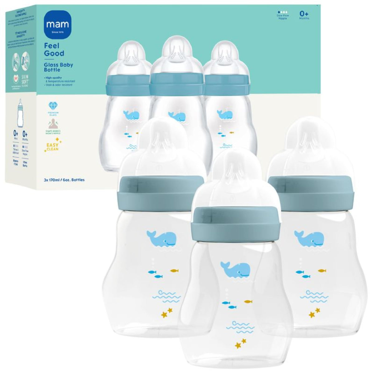 MAM 6oz Pure Glass Feel Good Anti-Colic 0+ Months Baby Bottle, 3 Pack, Boy