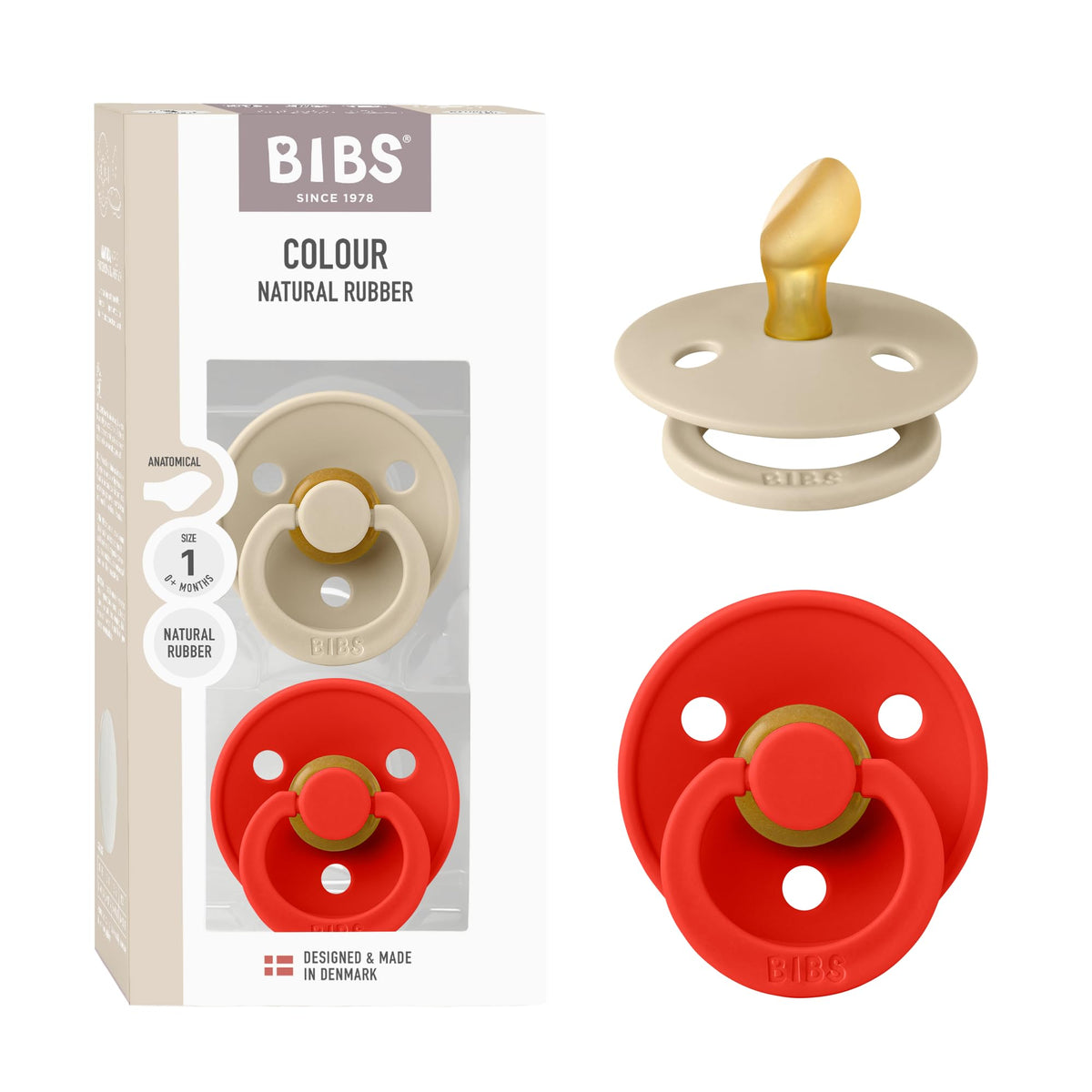 BIBS Pacifiers - Set of 2 | Colour Pacifier with Anatomical Nipple | BPA-Free Natural Rubber | Made in Denmark | Ivory/Blush, 0-6 Months