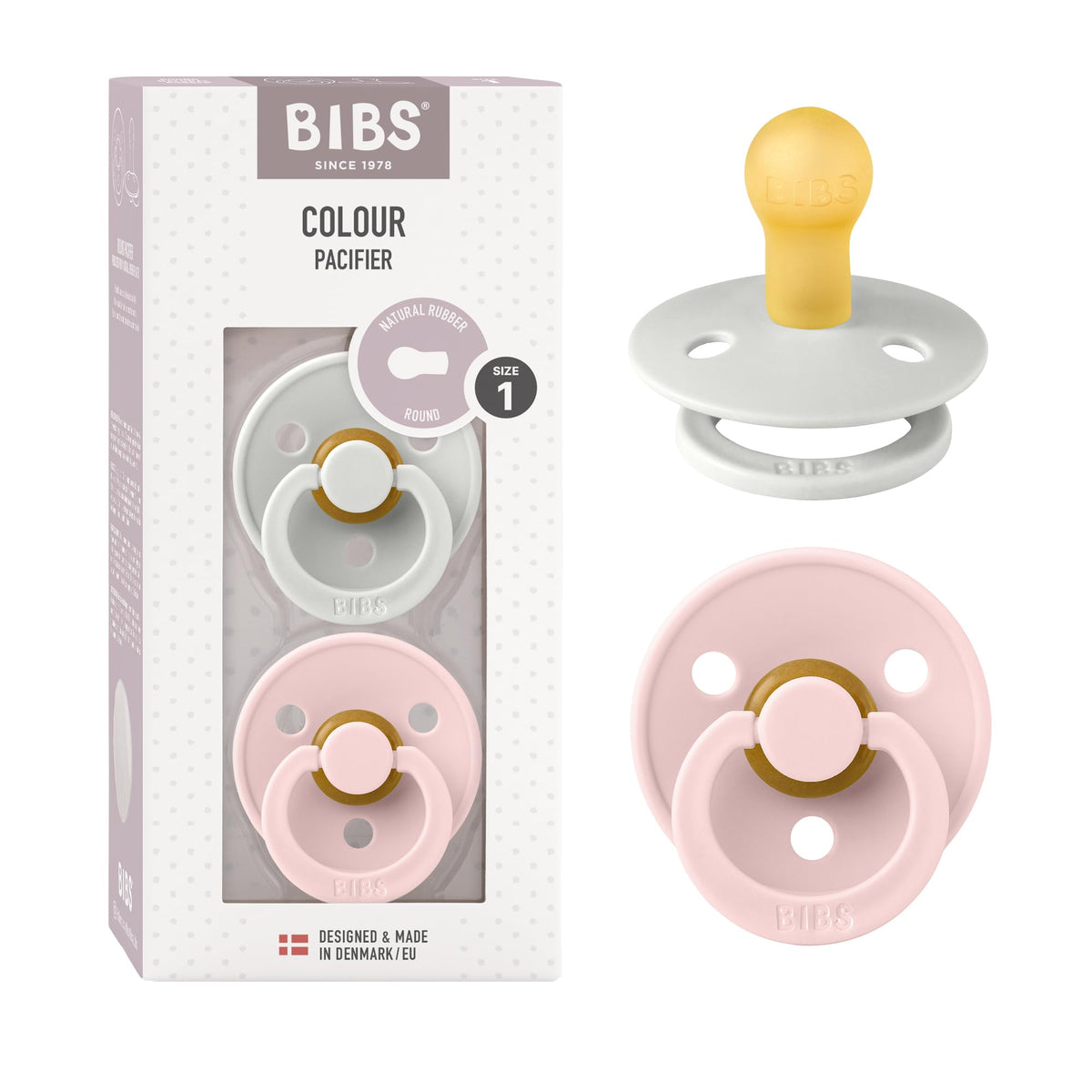 BIBS Pacifiers Colour Collection | Natural Rubber Baby Pacifier | Set of 2 BPA-Free Soothers | Made in Denmark | 0+ Months (Pack of 2) | Blush/Ivory