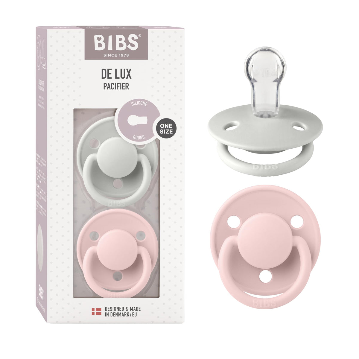 BIBS Pacifiers - De Lux Collection | BPA-Free Round Nipple | Silicone | Made in Denmark | Set of 2 Blush Night/Vanilla Night Color Premium Soothers | Size One Size