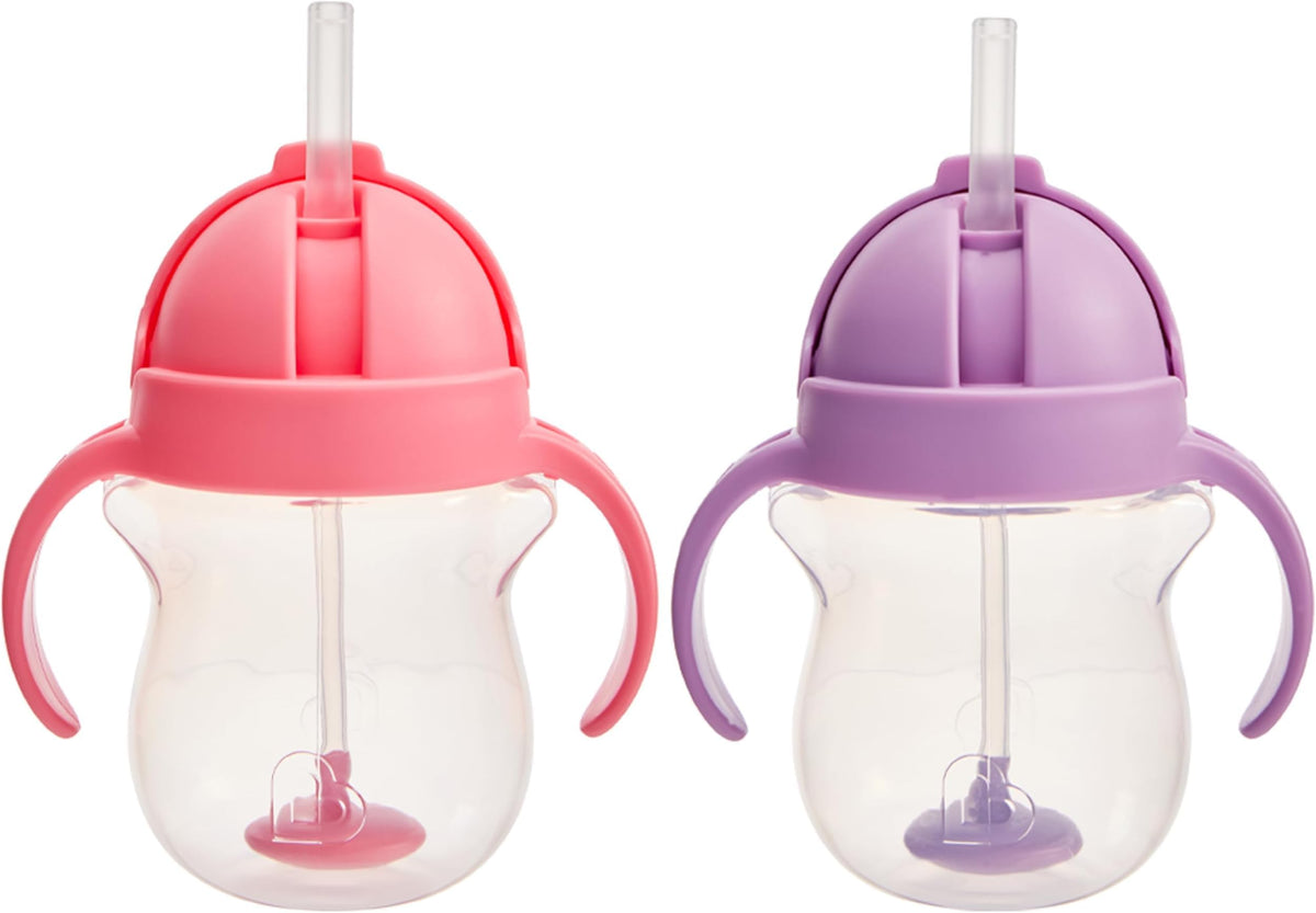 Munchkin Any Angle Sippy Cups for Toddlers, Spill Proof Weighted Straw Cup with Transition Handles for Babies 6 Months and Up, 2 Pack, Blue/Green