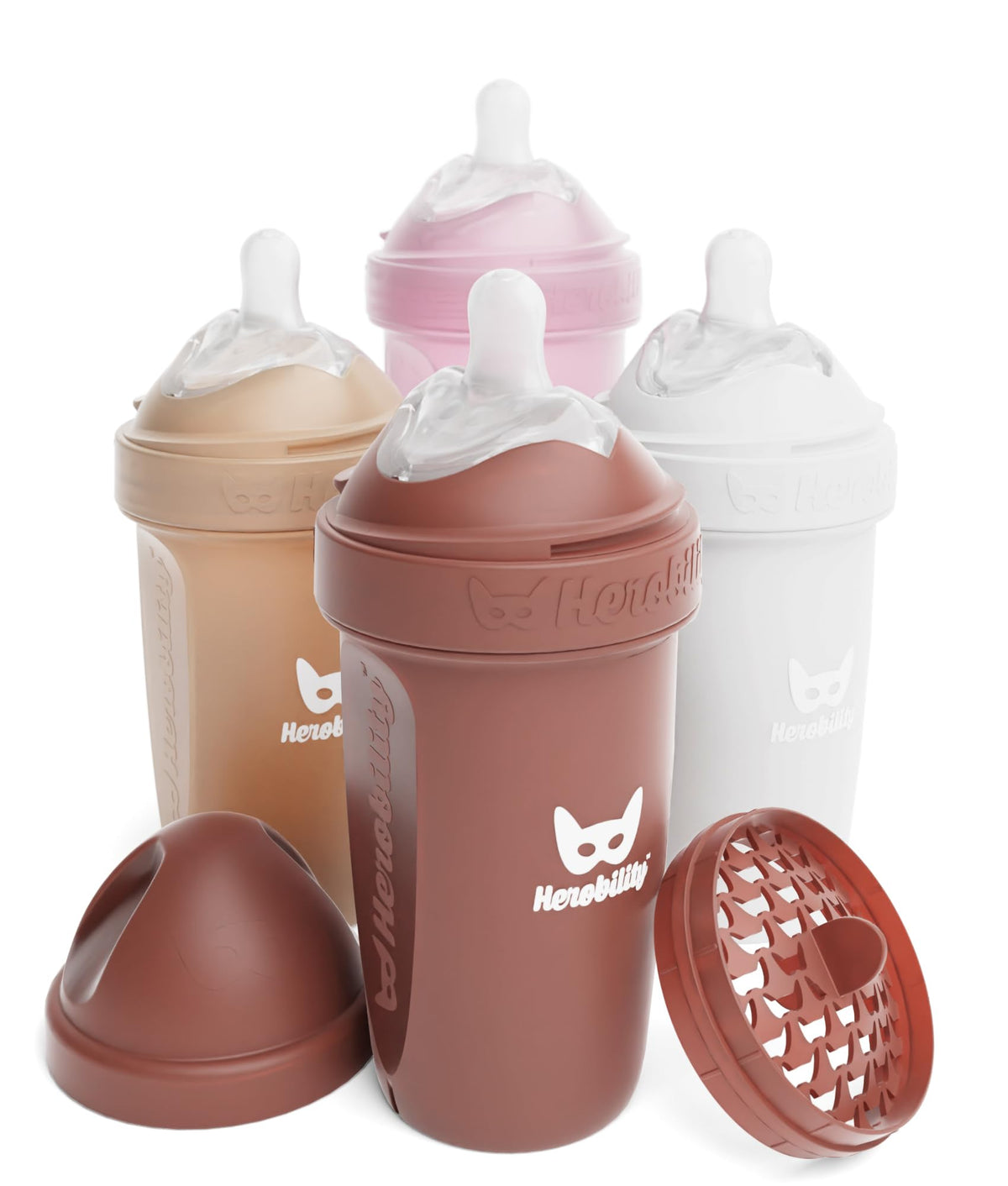 Herobility Anti-Colic Baby Bottles 8.5 fl oz/240ml - Pack of 4 Plastic Baby Bottles, Slow Flow Plastic Bottles, Breast-Shaped Teat for Breastfed Babies – Multicolor – White, Gray, Pink, Hawthorn Rose