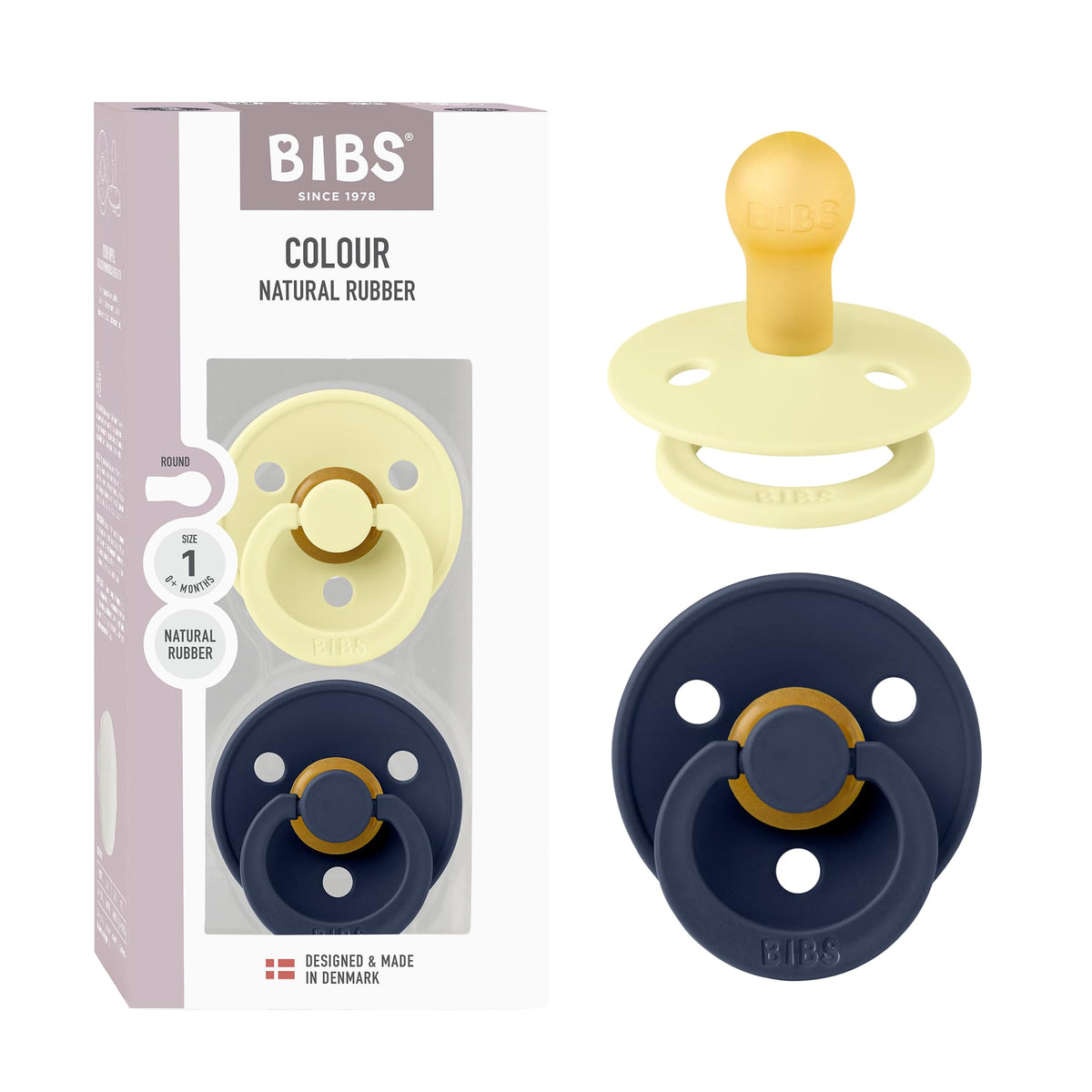 BIBS Pacifiers Colour Collection | Natural Rubber Baby Pacifier | Round Nipple | Set of 2 BPA-Free Soothers | Made in Denmark | 0+ Months (Pack of 2) | Sage/Ivory