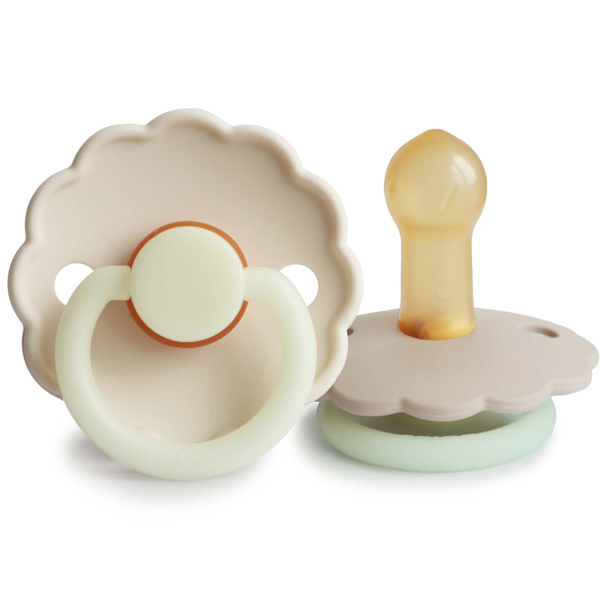 FRIGG Daisy Night Natural Rubber Baby Pacifier | Made in Denmark | BPA-Free (Blush/Cream, 6-18 Months) 2-Pack