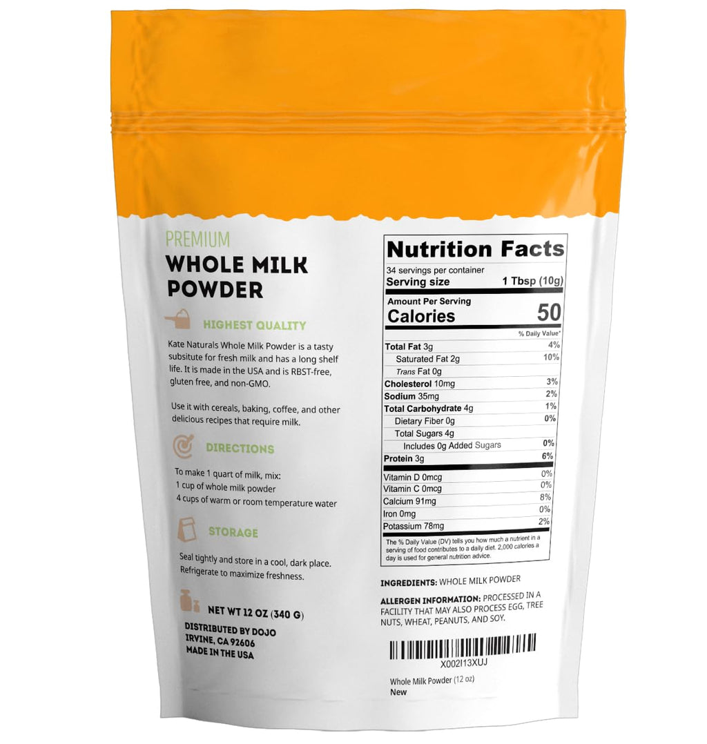 Kate Naturals Dry Whole Milk Powder for Baking, Coffee & Milkshakes (12oz)
