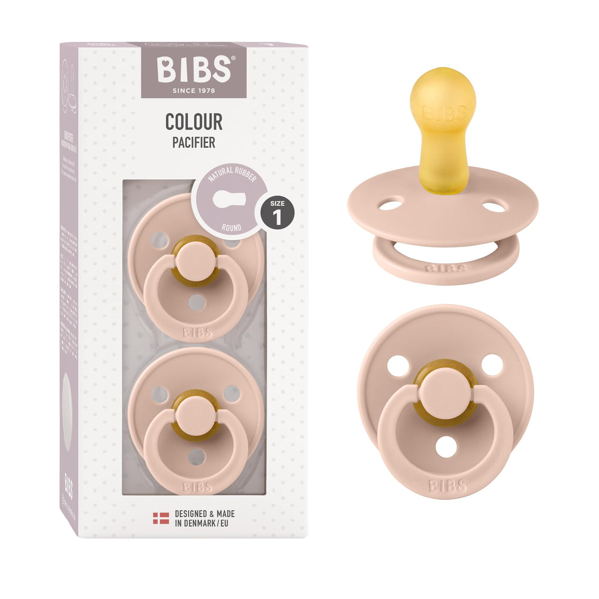 BIBS Pacifiers Colour Collection | Natural Rubber Baby Pacifier | Set of 2 BPA-Free Soothers | Made in Denmark | 0+ Months (Pack of 2) | Blush/Ivory