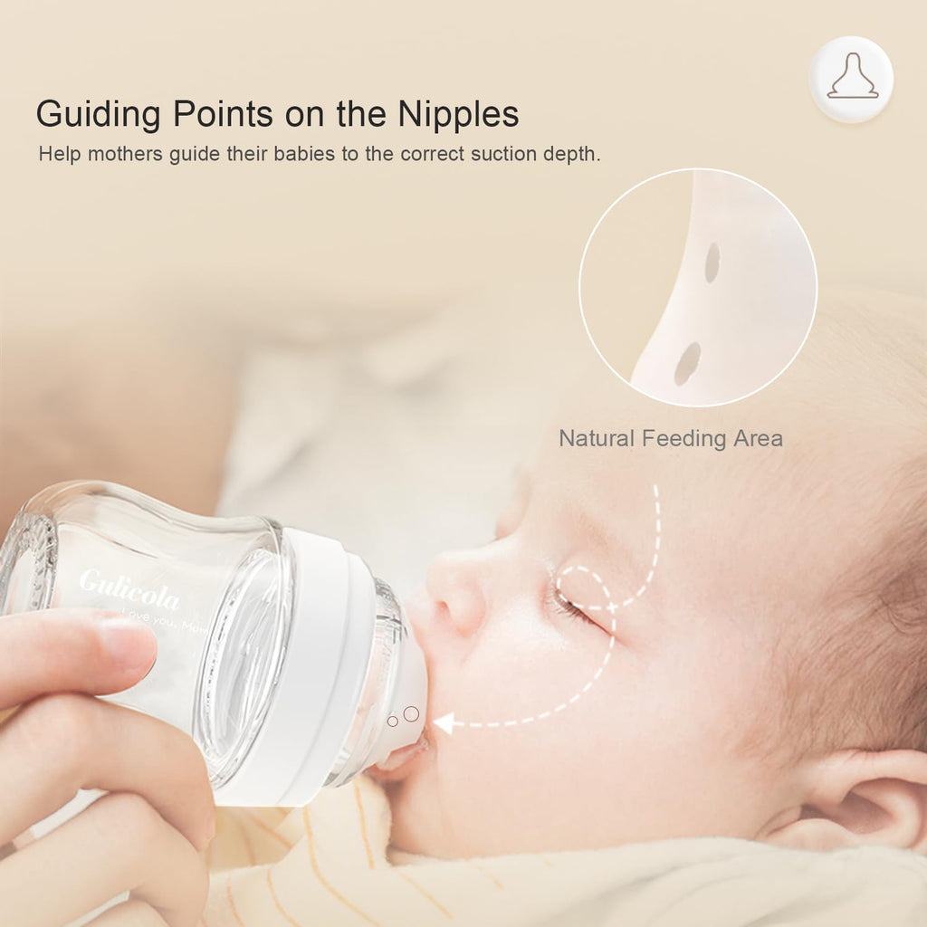 Gulicola Natural Glass Baby Bottle 4 Pack, Newborn Breastfeeding Bottles Set, Extra Slow Flow Nipples (SS), Anti Colic, 0 Months+, 5 oz - White