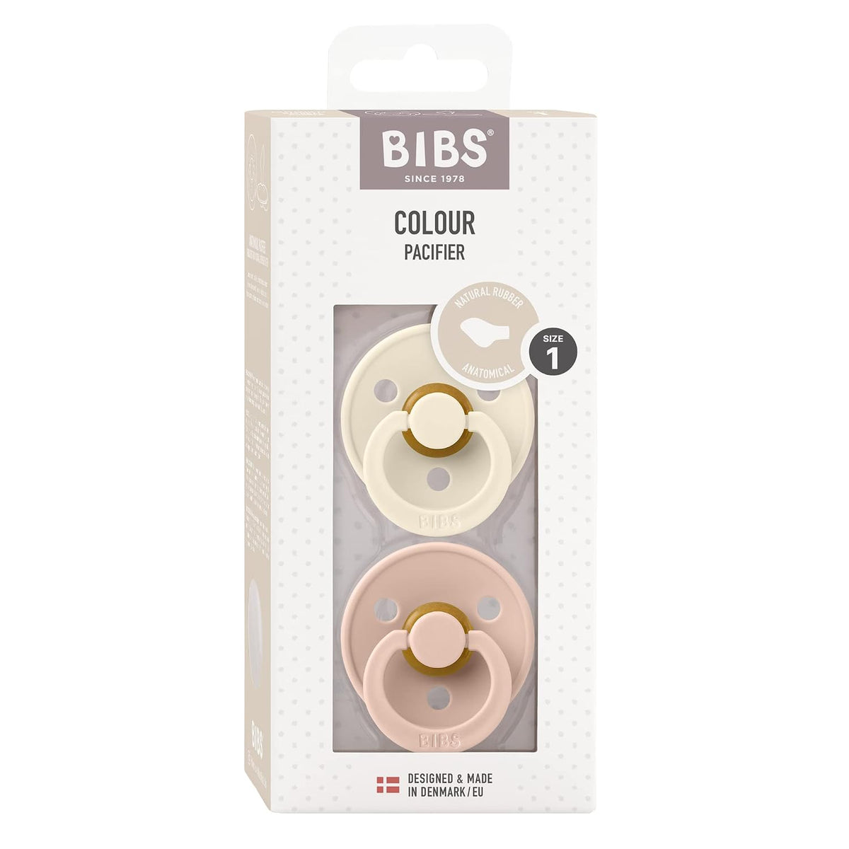 BIBS Pacifiers - Set of 2 | Colour Pacifier with Anatomical Nipple | BPA-Free Natural Rubber | Made in Denmark | Ivory/Blush, 0-6 Months