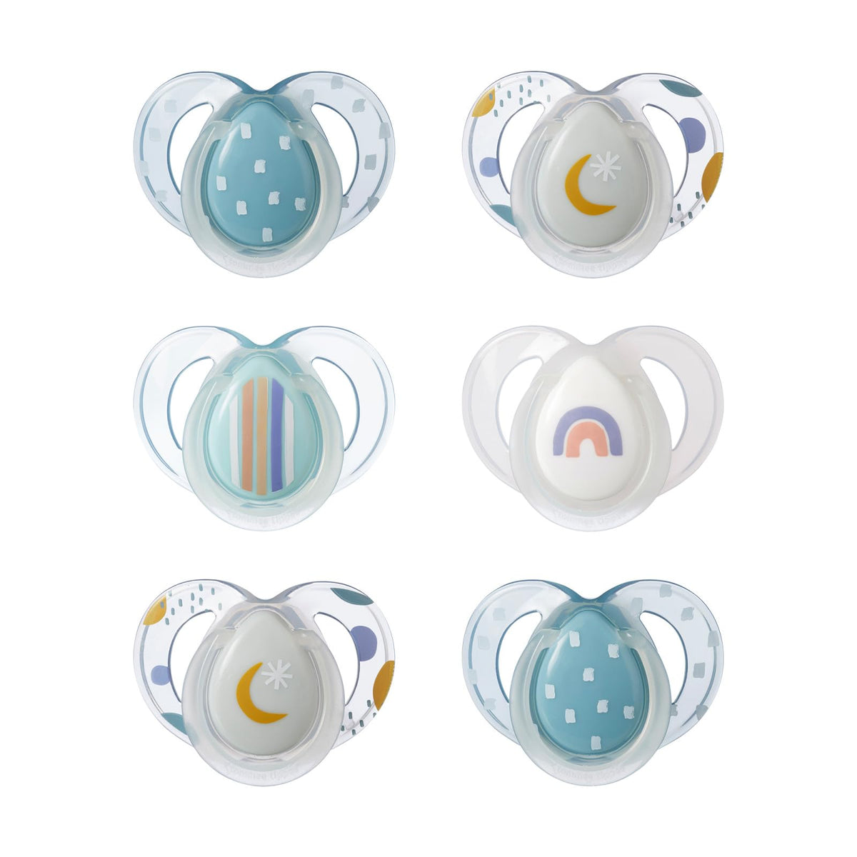 Tommee Tippee Night Time Pacifier, 6-18 Months, Symmetrical Silicone Baglet, BPA-Free Binkies, Glow in The Dark Technology, Blue Rainbow, Pack of 6