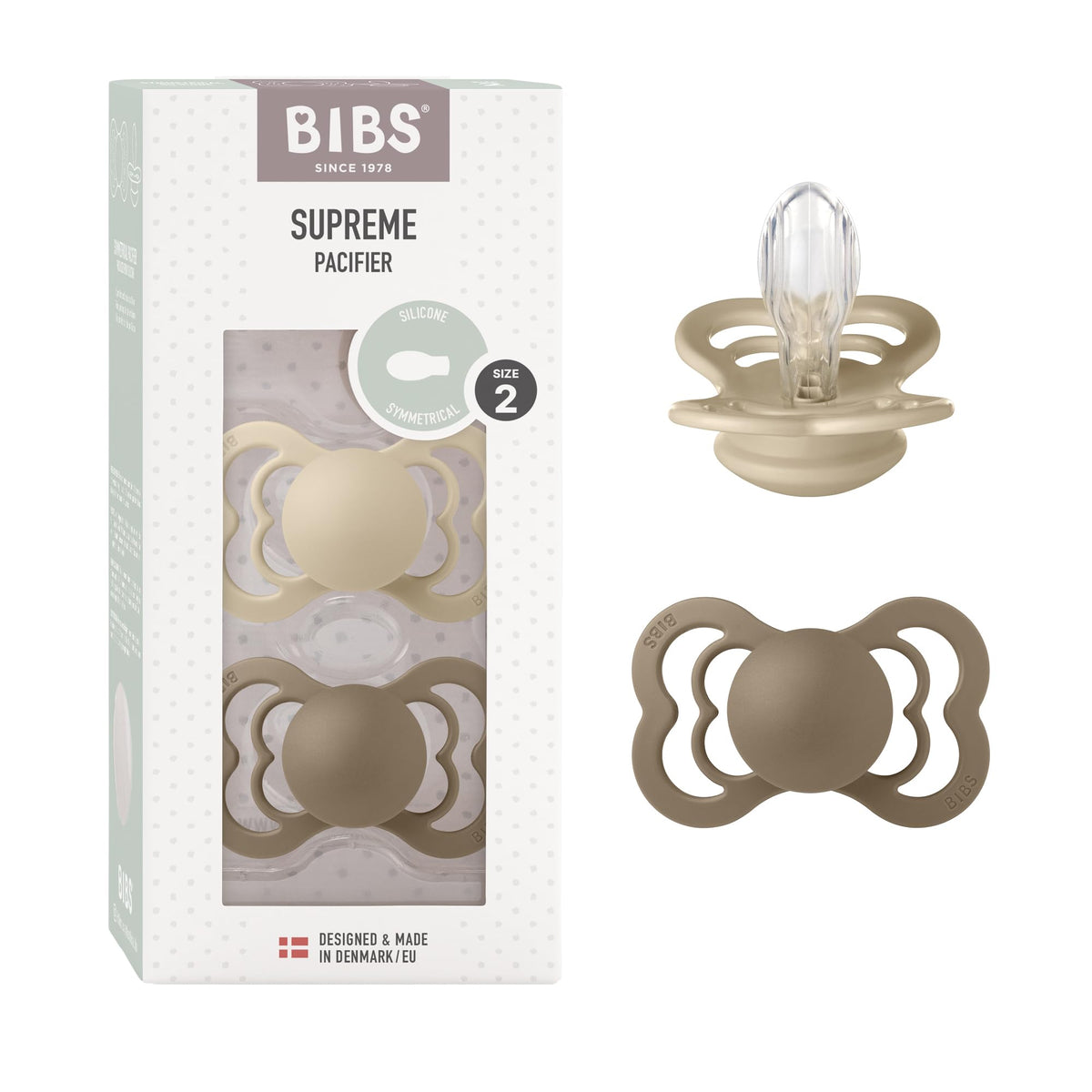BIBS Pacifiers - Supreme Collection | Symmetrical Nipple | Silicone | Made in Denmark | Set of 2 Ivory/Sage Color Premium Soothers | Size 6-18 Months