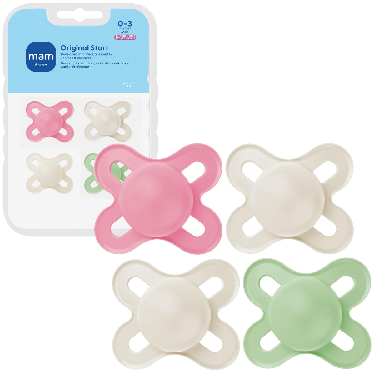 MAM Original Start Baby Pacifiers 0-3 Mths Skin Soft Silicone, 2 Pack