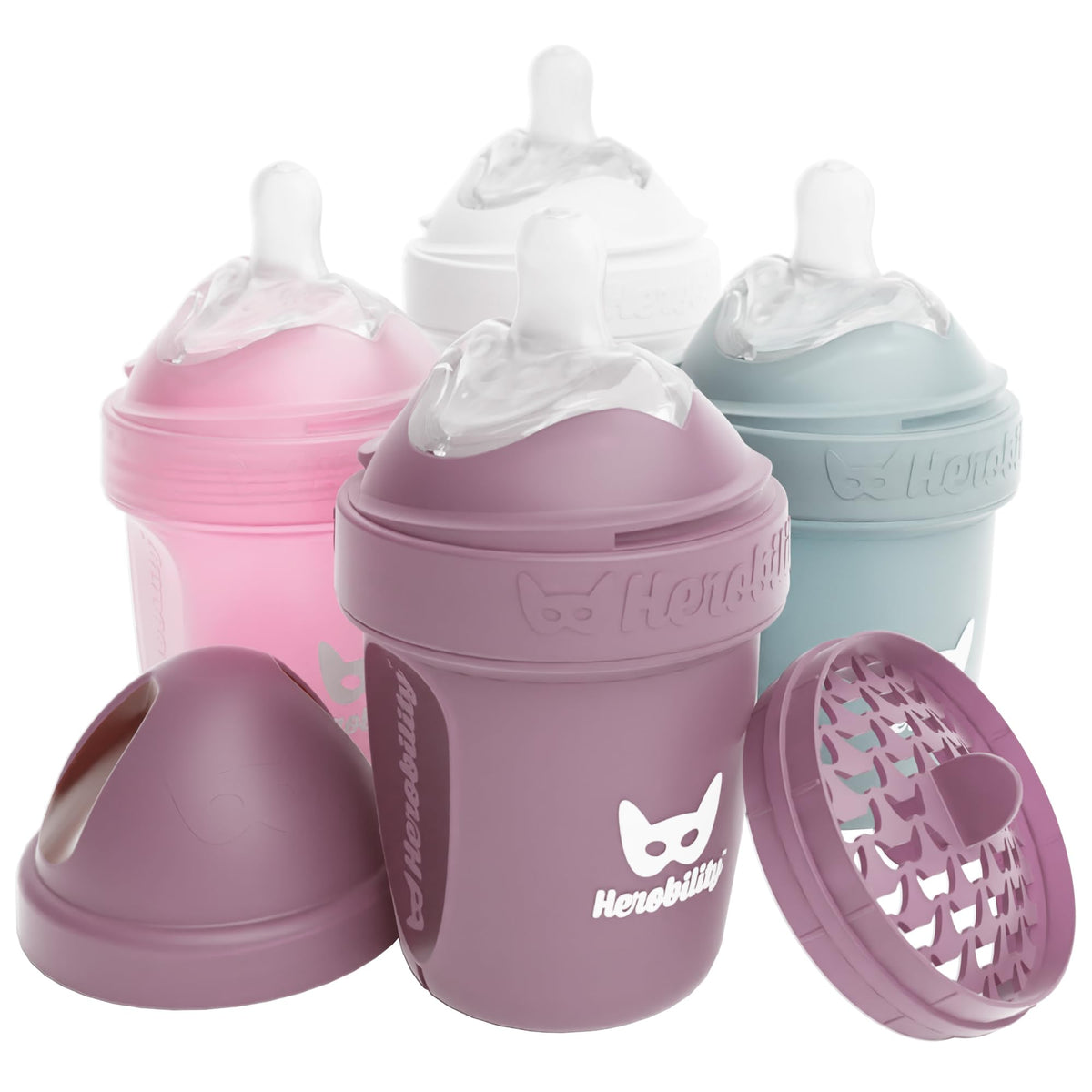 Herobility Anti-Colic Baby Bottles 8.5 fl oz/240ml - Pack of 4 Plastic Baby Bottles, Slow Flow Plastic Bottles, Breast-Shaped Teat for Breastfed Babies – Multicolor – White, Gray, Pink, Hawthorn Rose