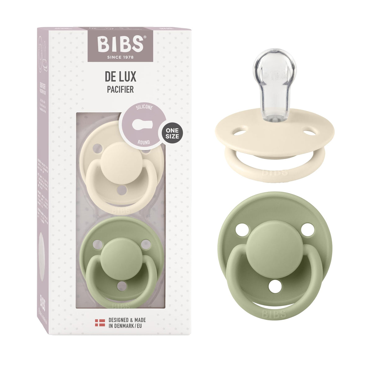 BIBS Pacifiers - De Lux Collection | BPA-Free Round Nipple | Silicone | Made in Denmark | Set of 2 Blush Night/Vanilla Night Color Premium Soothers | Size One Size