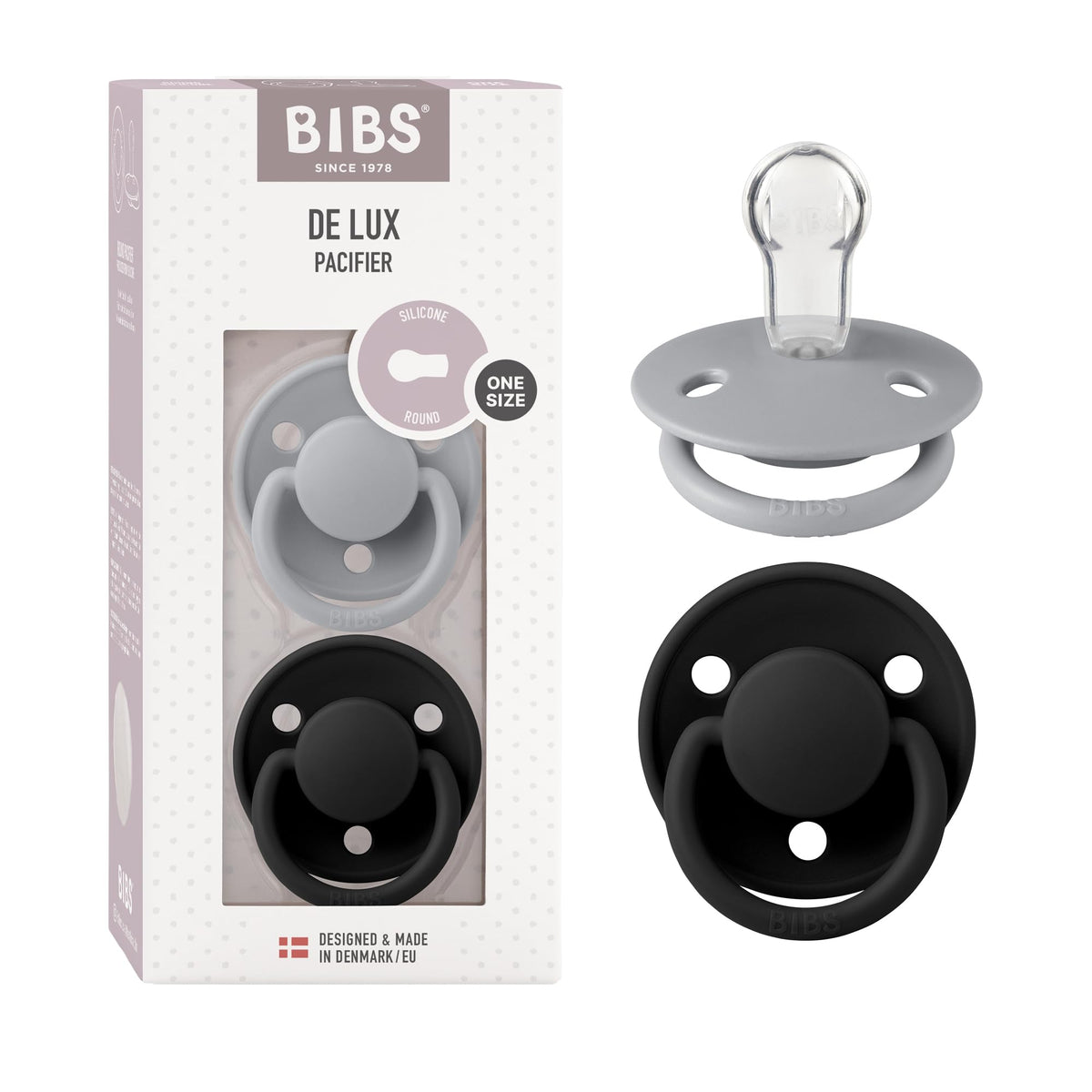 BIBS Pacifiers - De Lux Collection | BPA-Free Round Nipple | Silicone | Made in Denmark | Set of 2 Blush Night/Vanilla Night Color Premium Soothers | Size One Size