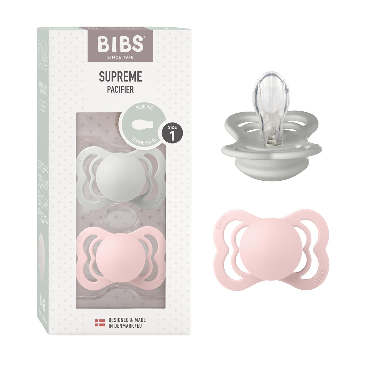 BIBS Pacifiers - Supreme Collection | Symmetrical Nipple | Silicone | Made in Denmark | Set of 2 Ivory/Sage Color Premium Soothers | Size 6-18 Months