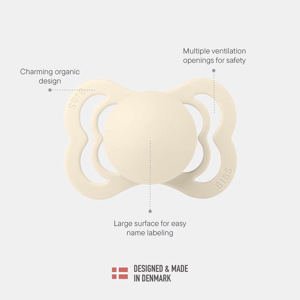 BIBS Pacifiers - Supreme Collection | Symmetrical Nipple | Silicone | Made in Denmark | Set of 2 Ivory/Sage Color Premium Soothers | Size 6-18 Months