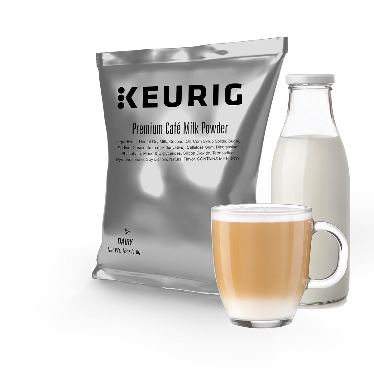 Keurig Premium Café Milk Powder, 1lb Bag, Specialty Beverage Base for Lattes & Cappuccinos, Makes About 30 Drinks, for Commercial Brewers, Contains Milk & Soy, 12 Pack