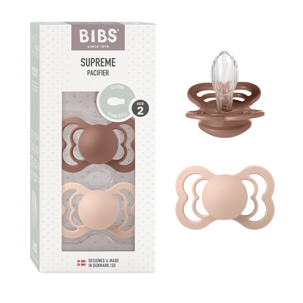 BIBS Pacifiers - Supreme Collection | Symmetrical Nipple | Silicone | Made in Denmark | Set of 2 Ivory/Sage Color Premium Soothers | Size 6-18 Months