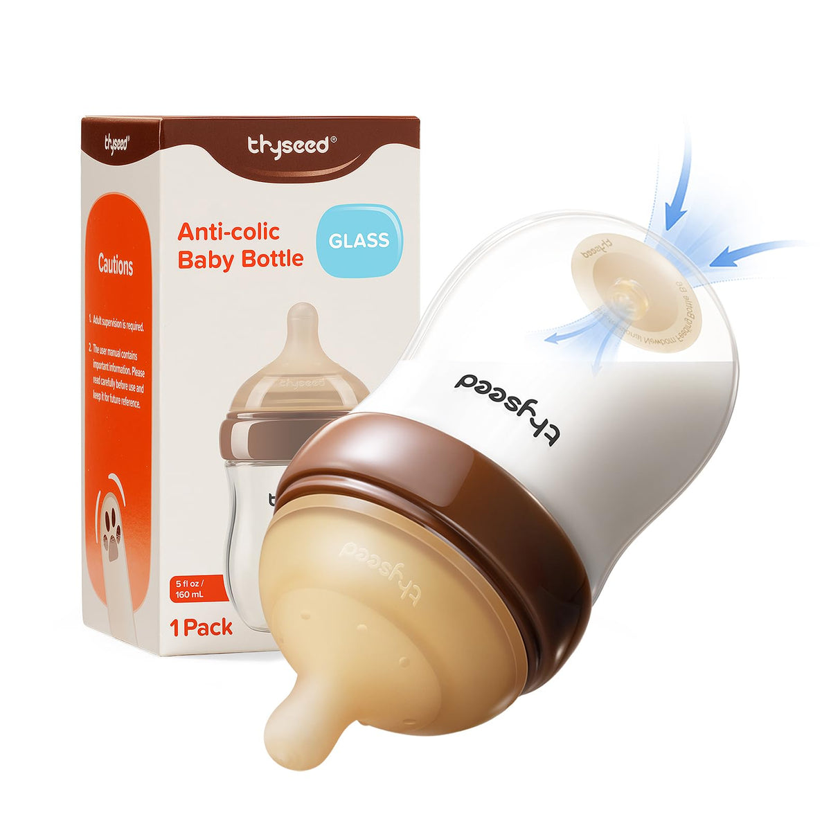 Thyseed Anti-Colic Glass Baby Bottle for Breastfed Infants, Natural Feeding, Breast-Like Newborn Medium Fast Flow Nipple (3m+), 8 oz, 1 Pack