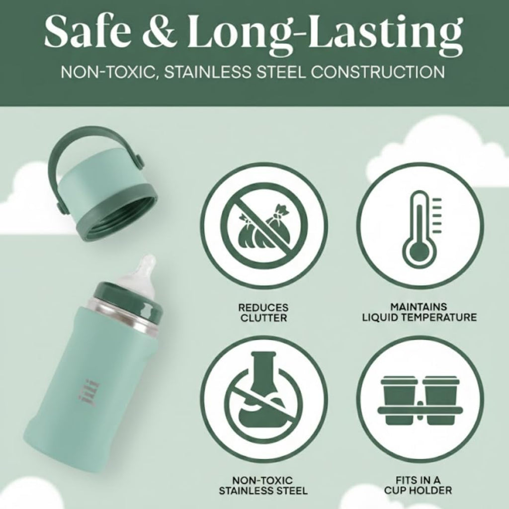 Jili All-in-One Baby Bottle, Insulated Stainless Steel Bottle with Formula Container, Anti-Colic Nipple, and Leak-Proof Lid, Baby Essentials for Travel, BPA and Phthalates-Free, Sage, 8 oz.