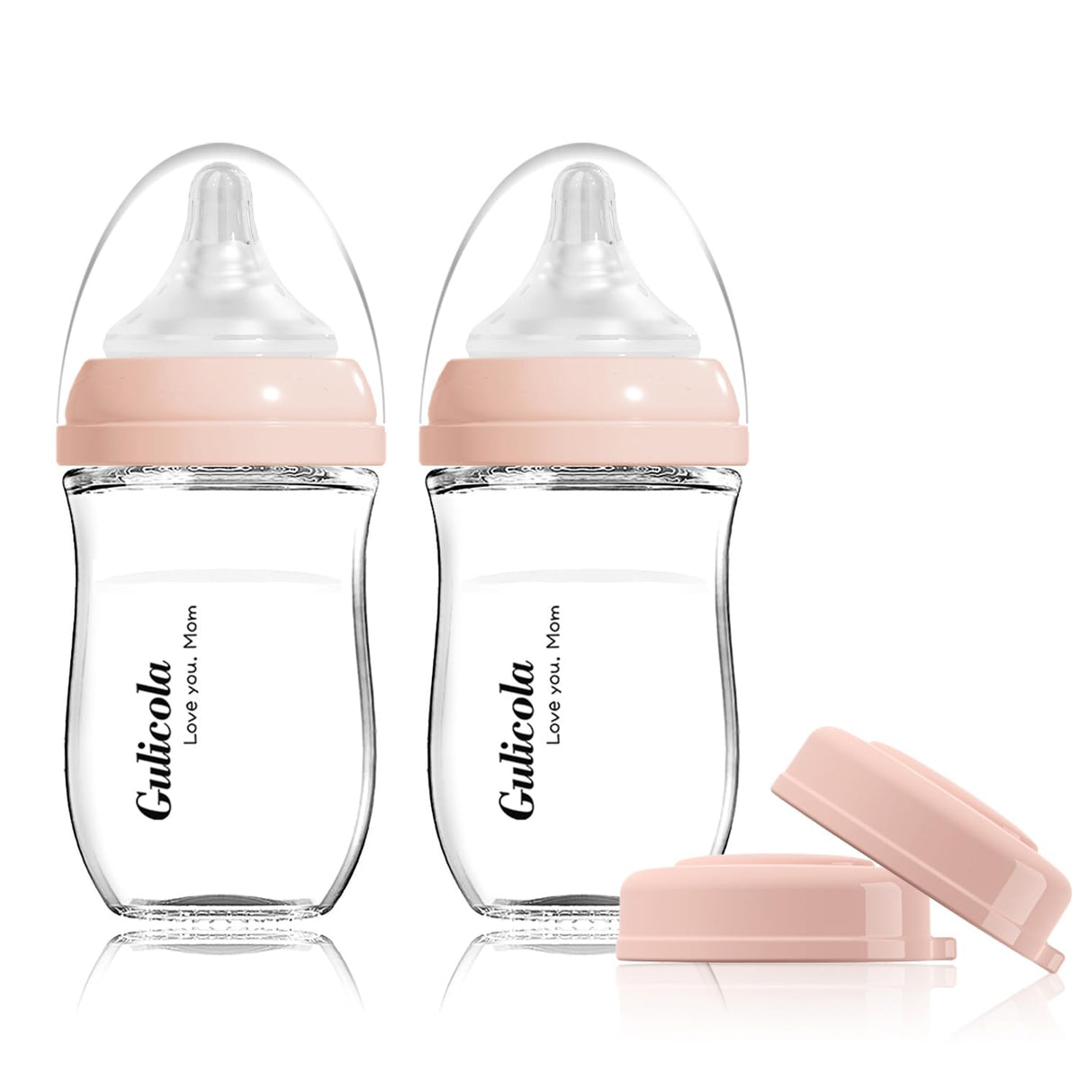 Gulicola Natural Glass Baby Bottle for Breastfeeding Babies, Newborn Anti-Colic Bottle Set with Slow Flow Nipple, 0-3 Months, 5 oz, 2 Pack - White