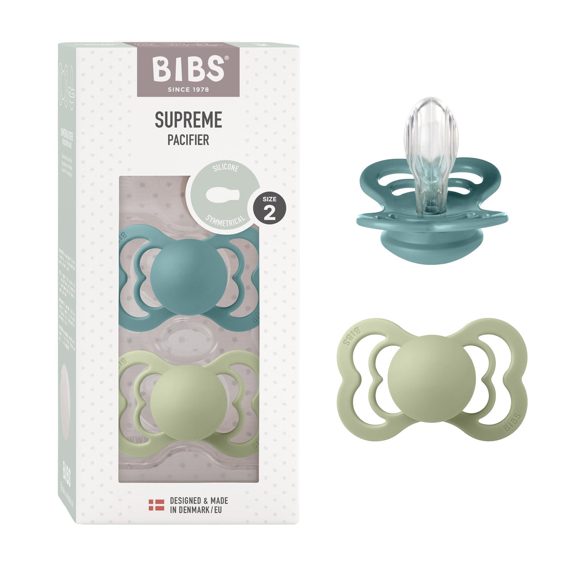 BIBS Pacifiers - Supreme Collection | Symmetrical Nipple | Silicone | Made in Denmark | Set of 2 Ivory/Sage Color Premium Soothers | Size 6-18 Months