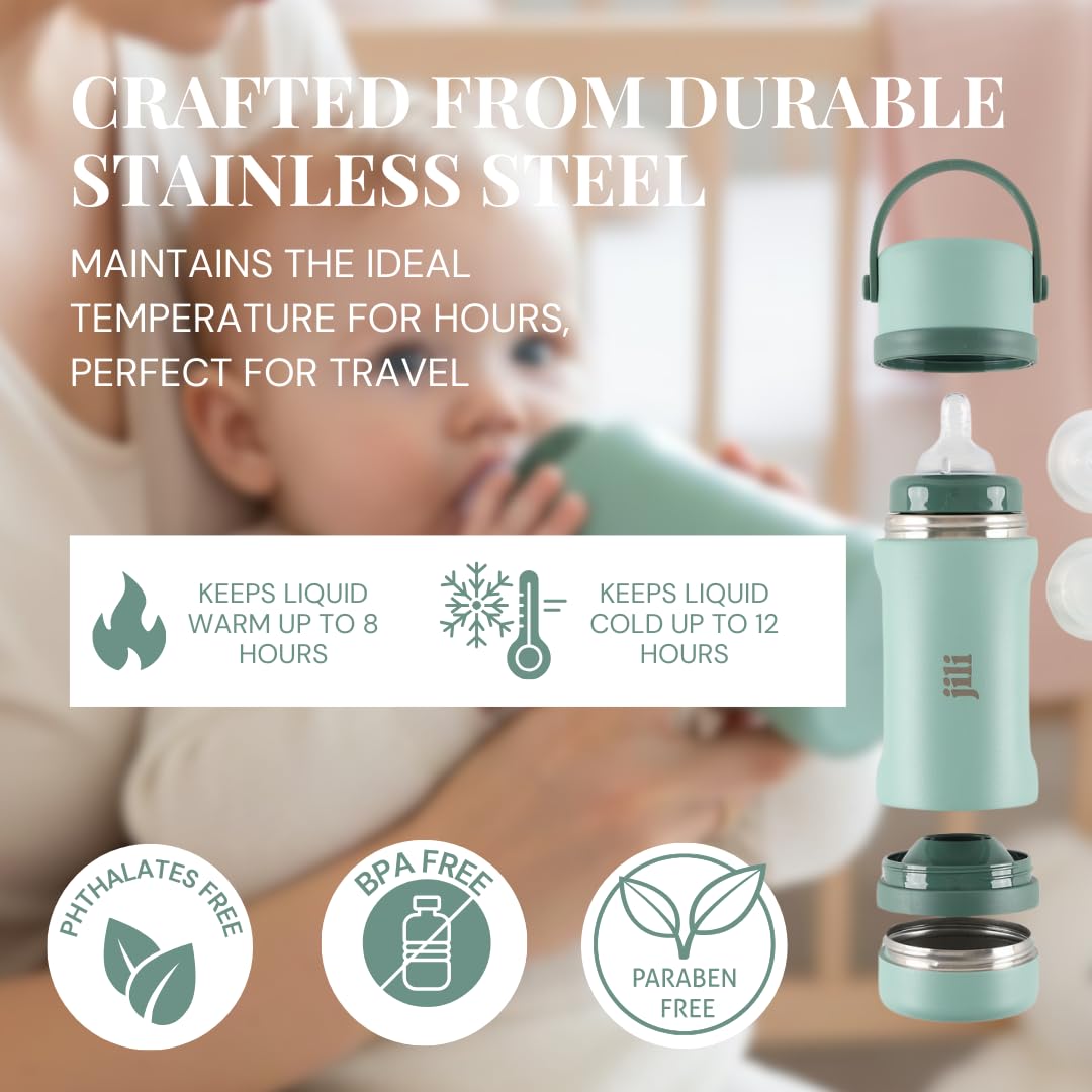 Jili All-in-One Baby Bottle, Insulated Stainless Steel Bottle with Formula Container, Anti-Colic Nipple, and Leak-Proof Lid, Baby Essentials for Travel, BPA and Phthalates-Free, Sage, 8 oz.