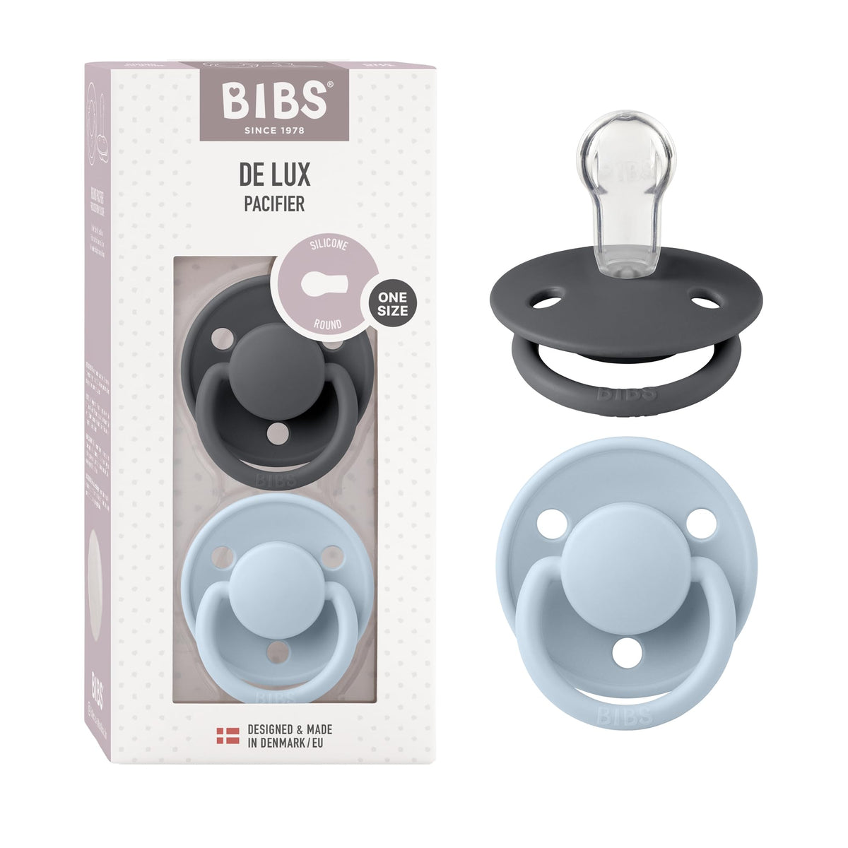 BIBS Pacifiers - De Lux Collection | BPA-Free Round Nipple | Silicone | Made in Denmark | Set of 2 Blush Night/Vanilla Night Color Premium Soothers | Size One Size