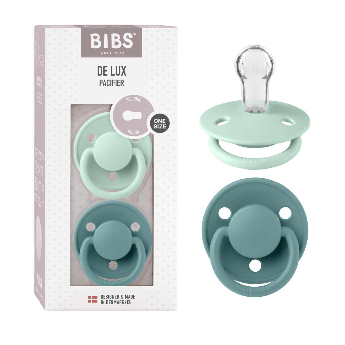 BIBS Pacifiers - De Lux Collection | BPA-Free Round Nipple | Silicone | Made in Denmark | Set of 2 Blush Night/Vanilla Night Color Premium Soothers | Size One Size