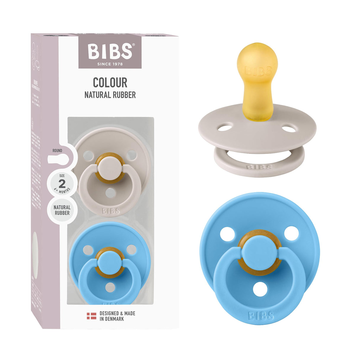 BIBS Pacifiers Colour Collection | Natural Rubber Baby Pacifier | Set of 2 BPA-Free Soothers | Made in Denmark | 0+ Months (Pack of 2) | Blush/Ivory