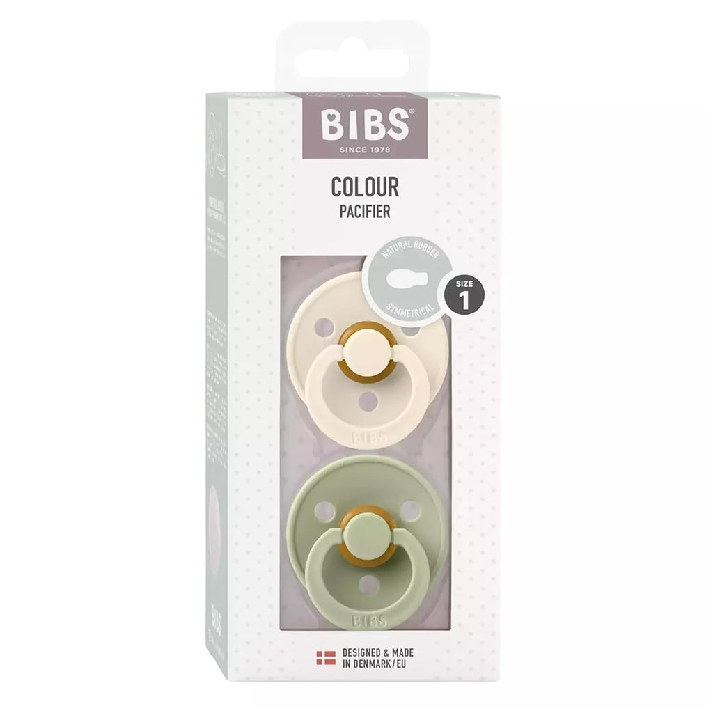 BIBS Pacifiers Colour Collection | Natural Rubber Baby Pacifier | Round Nipple | Set of 2 BPA-Free Soothers | Made in Denmark | 0+ Months (Pack of 2) | Sage/Ivory