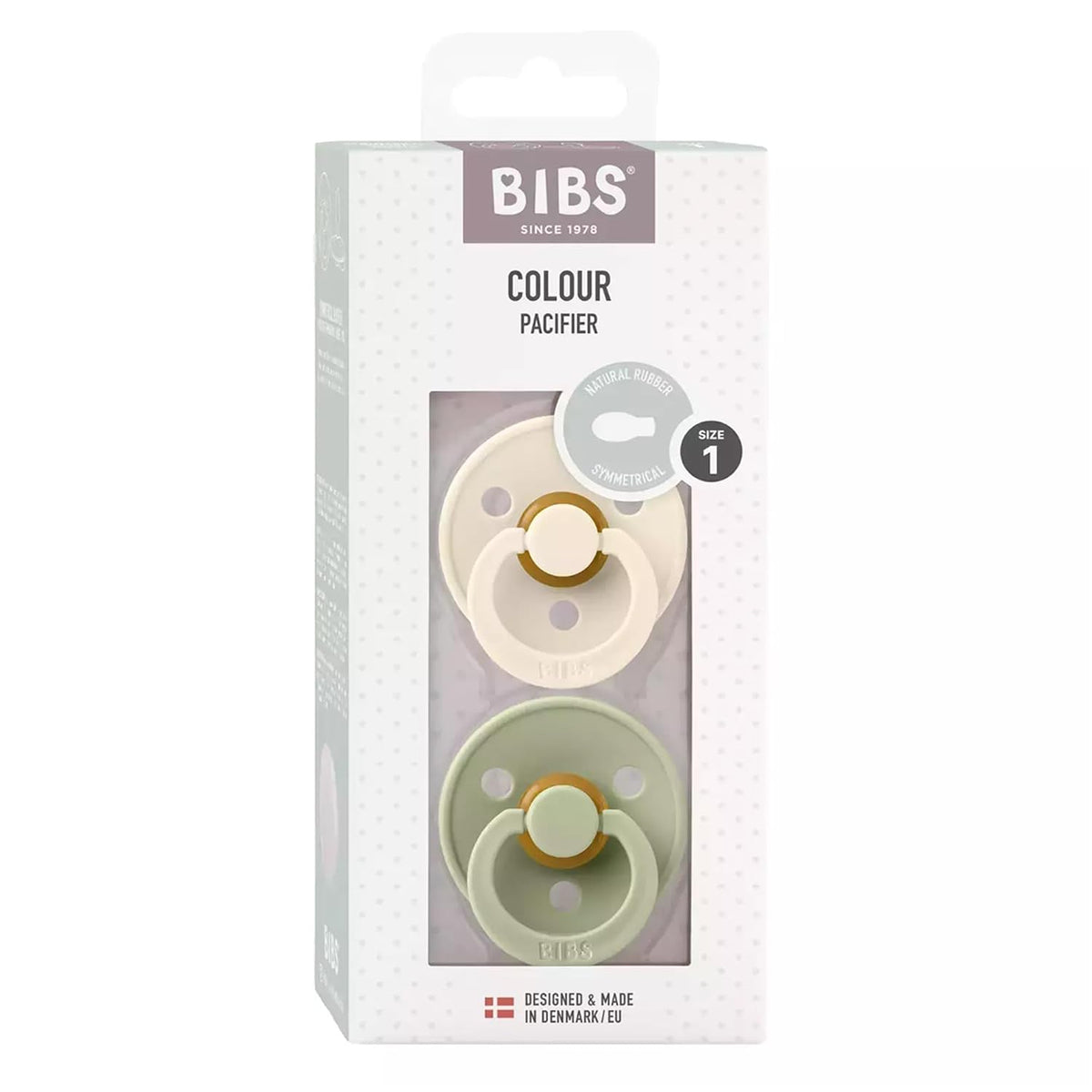 BIBS Pacifiers Colour Collection | Natural Rubber Baby Pacifier | Round Nipple | Set of 2 BPA-Free Soothers | Made in Denmark | 0+ Months (Pack of 2) | Sage/Ivory