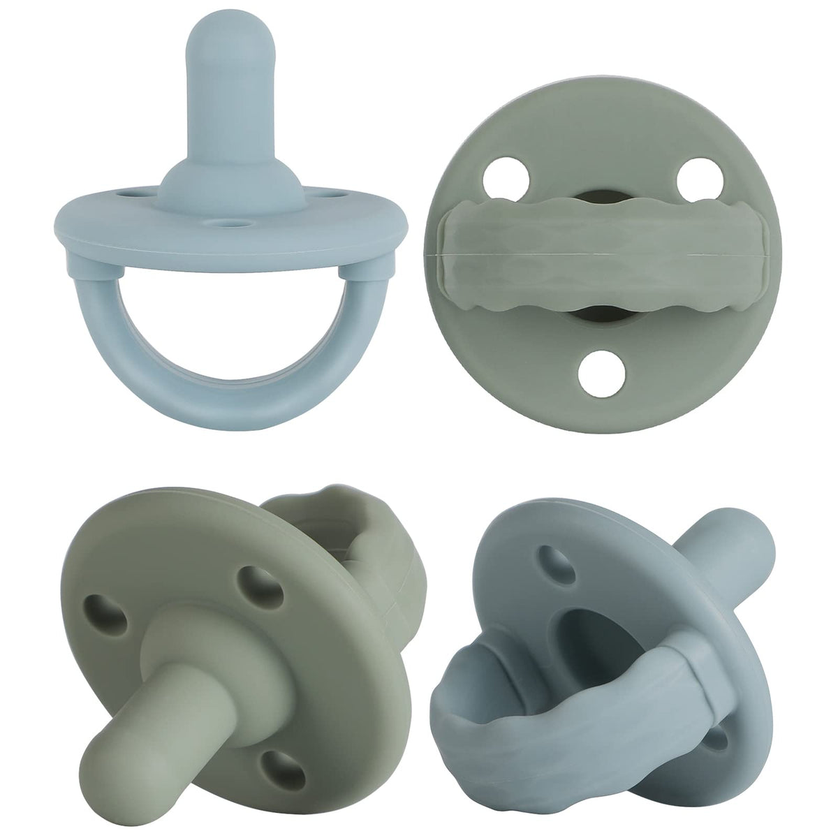Soother Pacifier,Food Grade Silicone Pacifiers with Handle & 3 Holes for Added Safety, BPA Free, 4-Pack (Sage x2 / Ether x2)