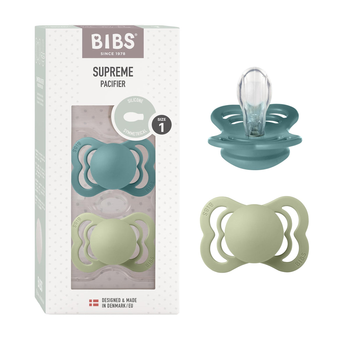 BIBS Pacifiers - Supreme Collection | Symmetrical Nipple | Silicone | Made in Denmark | Set of 2 Ivory/Sage Color Premium Soothers | Size 6-18 Months