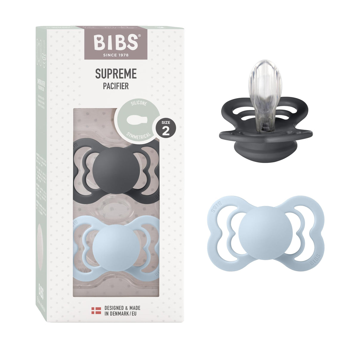 BIBS Pacifiers - Supreme Collection | Symmetrical Nipple | Silicone | Made in Denmark | Set of 2 Ivory/Sage Color Premium Soothers | Size 6-18 Months