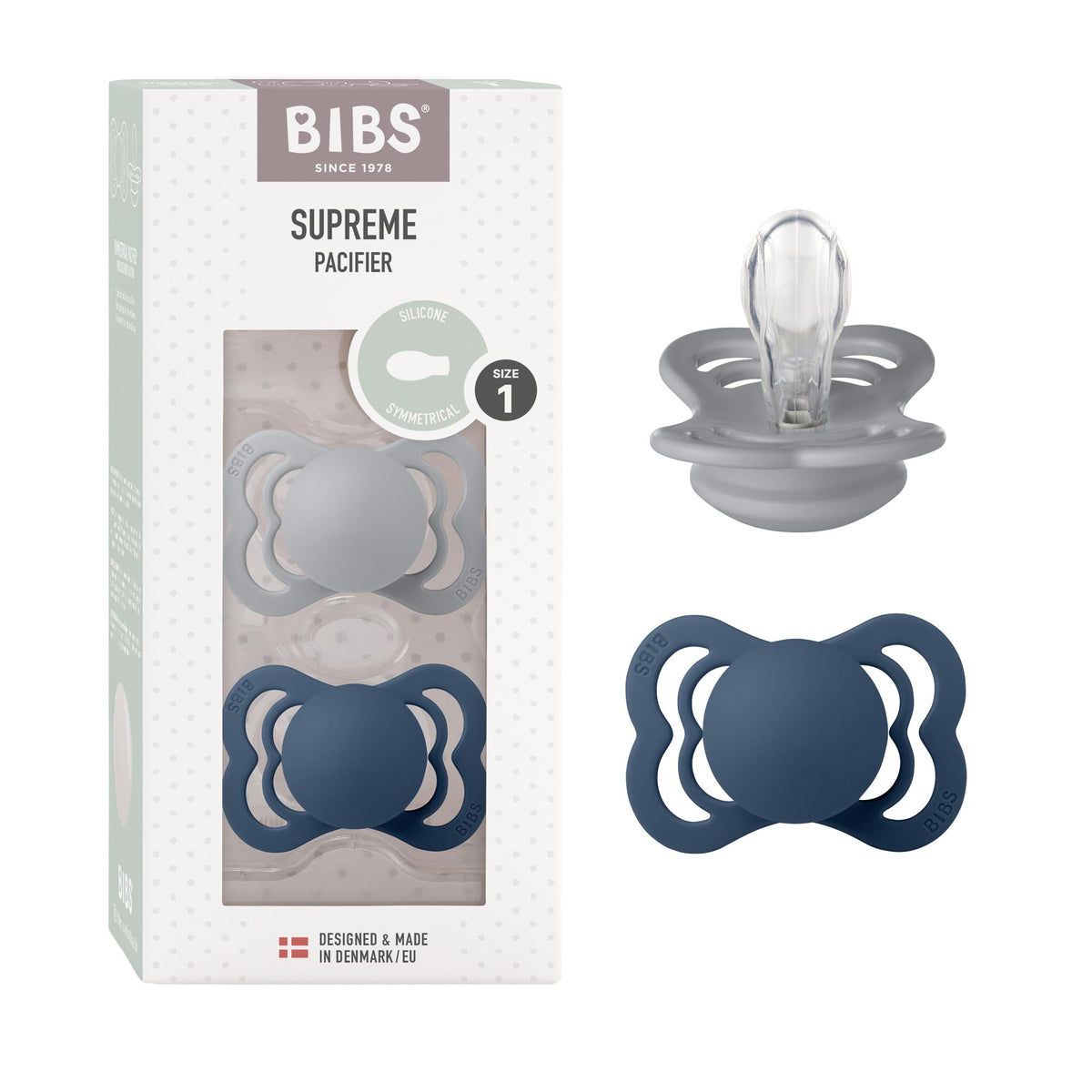 BIBS Pacifiers - Supreme Collection | Symmetrical Nipple | Silicone | Made in Denmark | Set of 2 Ivory/Sage Color Premium Soothers | Size 6-18 Months