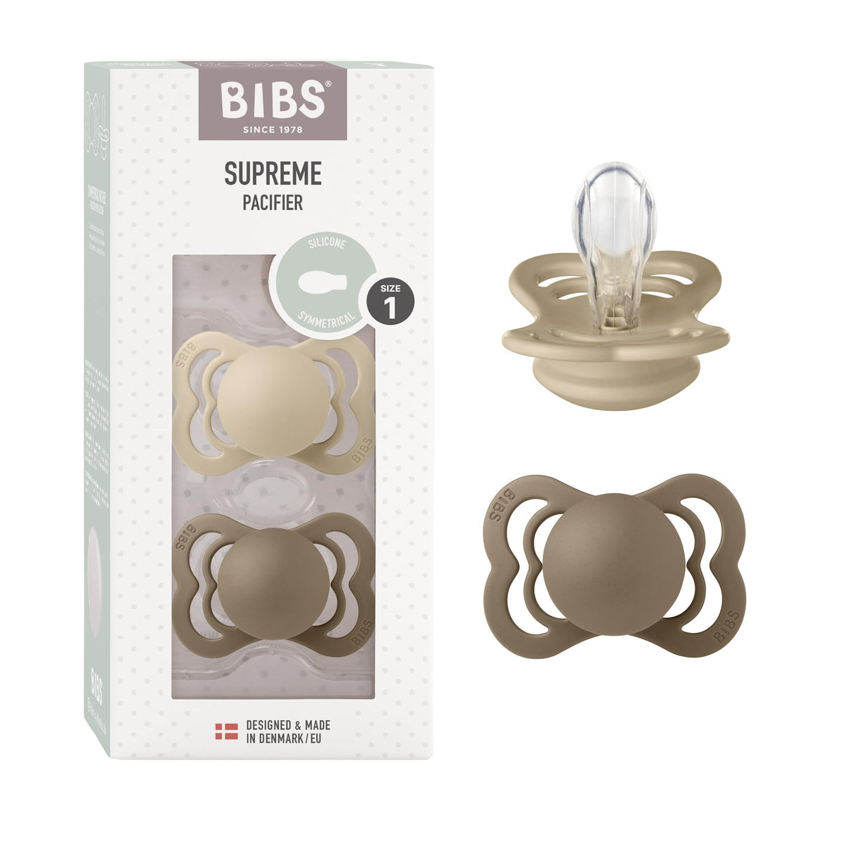 BIBS Pacifiers - Supreme Collection | Symmetrical Nipple | Silicone | Made in Denmark | Set of 2 Ivory/Sage Color Premium Soothers | Size 6-18 Months