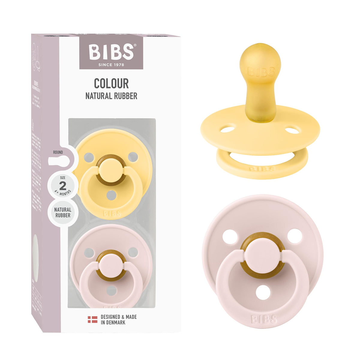 BIBS Pacifiers Colour Collection | Natural Rubber Baby Pacifier | Set of 2 BPA-Free Soothers | Made in Denmark | 0+ Months (Pack of 2) | Blush/Ivory