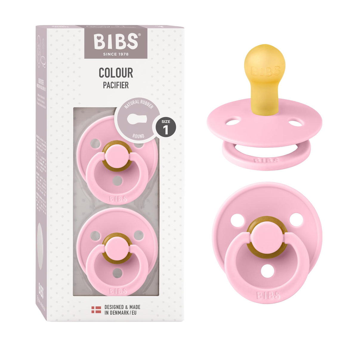 BIBS Pacifiers Colour Collection | Natural Rubber Baby Pacifier | Set of 2 BPA-Free Soothers | Made in Denmark | 0+ Months (Pack of 2) | Blush/Ivory