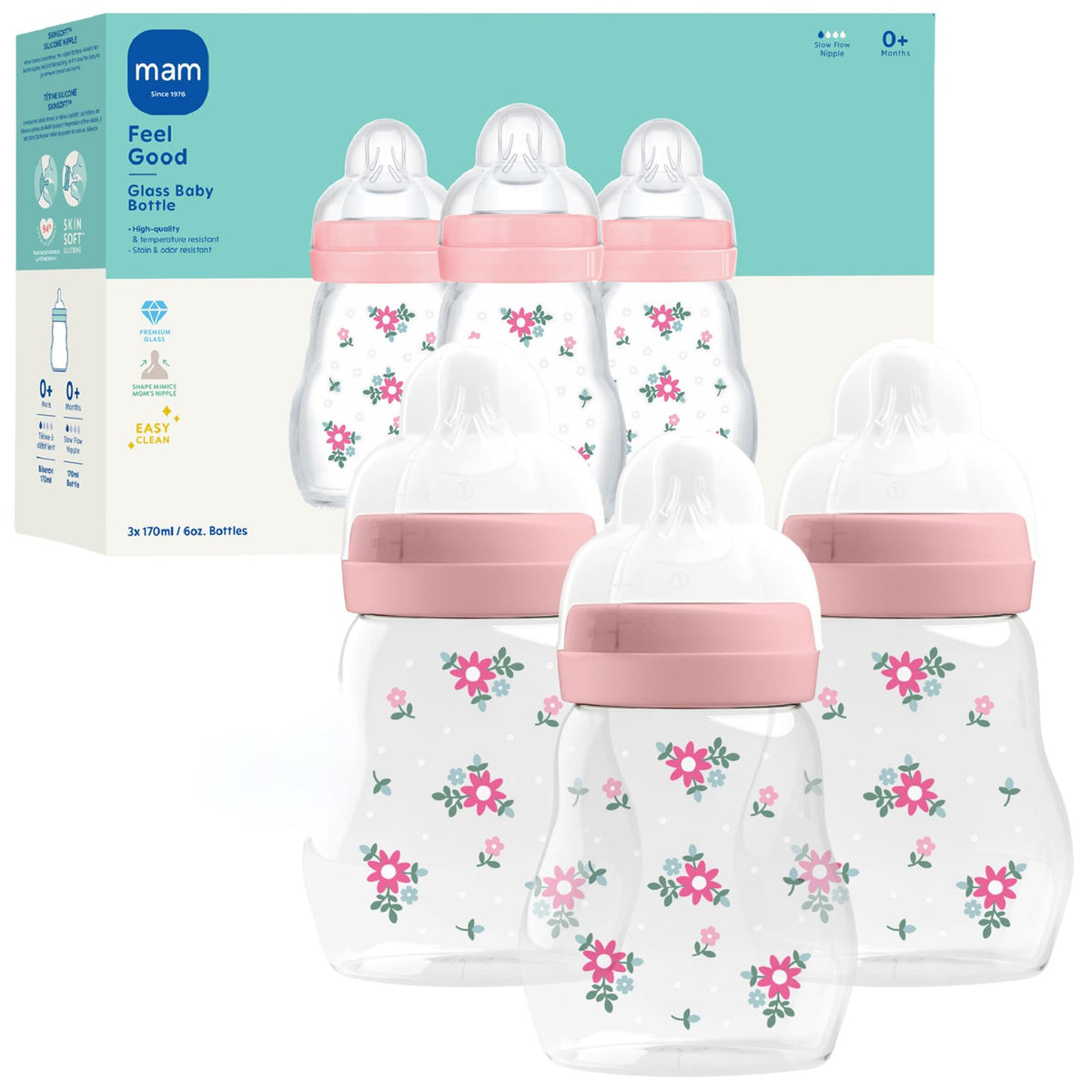 MAM 6oz Pure Glass Feel Good Anti-Colic 0+ Months Baby Bottle, 3 Pack, Boy