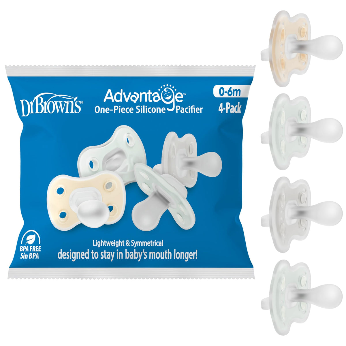 Dr. Brown's Advantage One-Piece Pacifier 0-6m, Blue/Gray/Light-Blue, 4-Pack