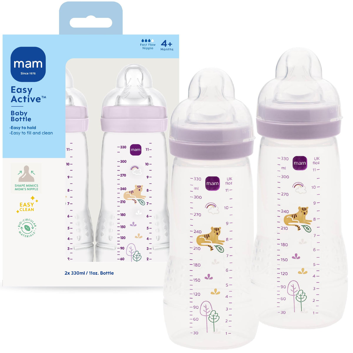 MAM 11oz Natural Flow Active Anti-Colic Baby Bottle, 4+ Mths, 2 Pack